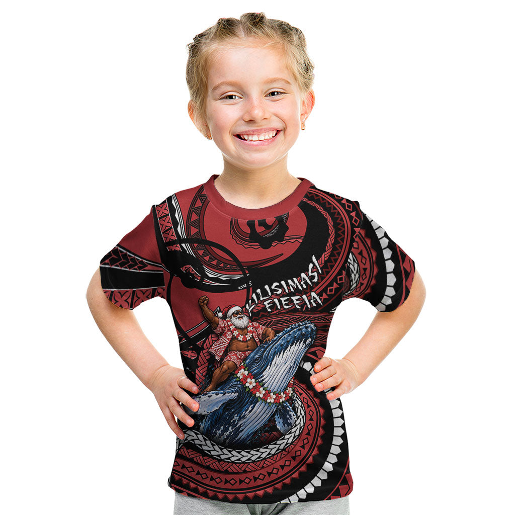 Tonga Christmas Kid T Shirt Santa Riding Humpback Whale DT05 Red - Polynesian Pride