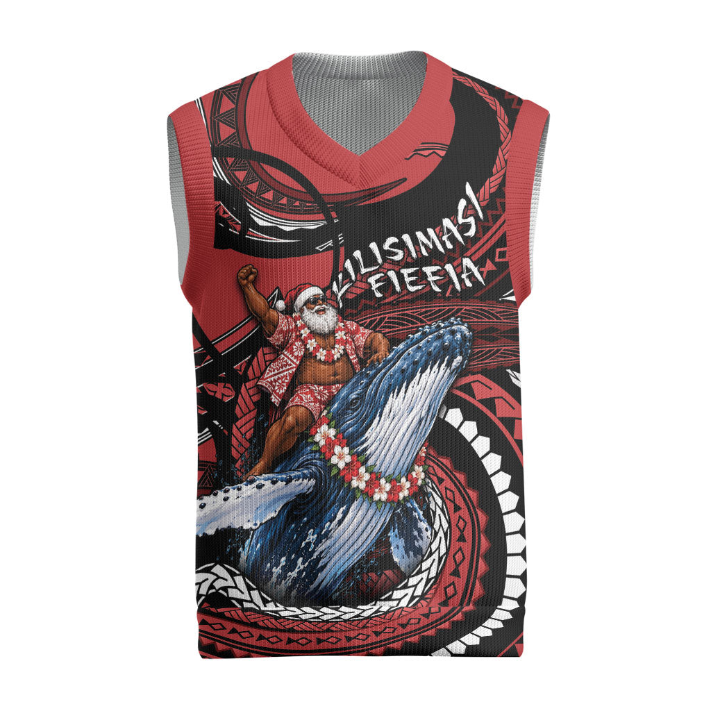 Tonga Christmas Knitted V-Neck Vest Santa Riding Humpback Whale DT05 Red - Polynesian Pride
