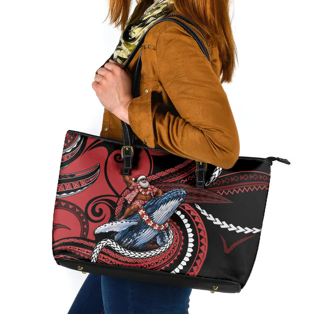 Tonga Christmas Leather Tote Bag Santa Riding Humpback Whale DT05 Red - Polynesian Pride
