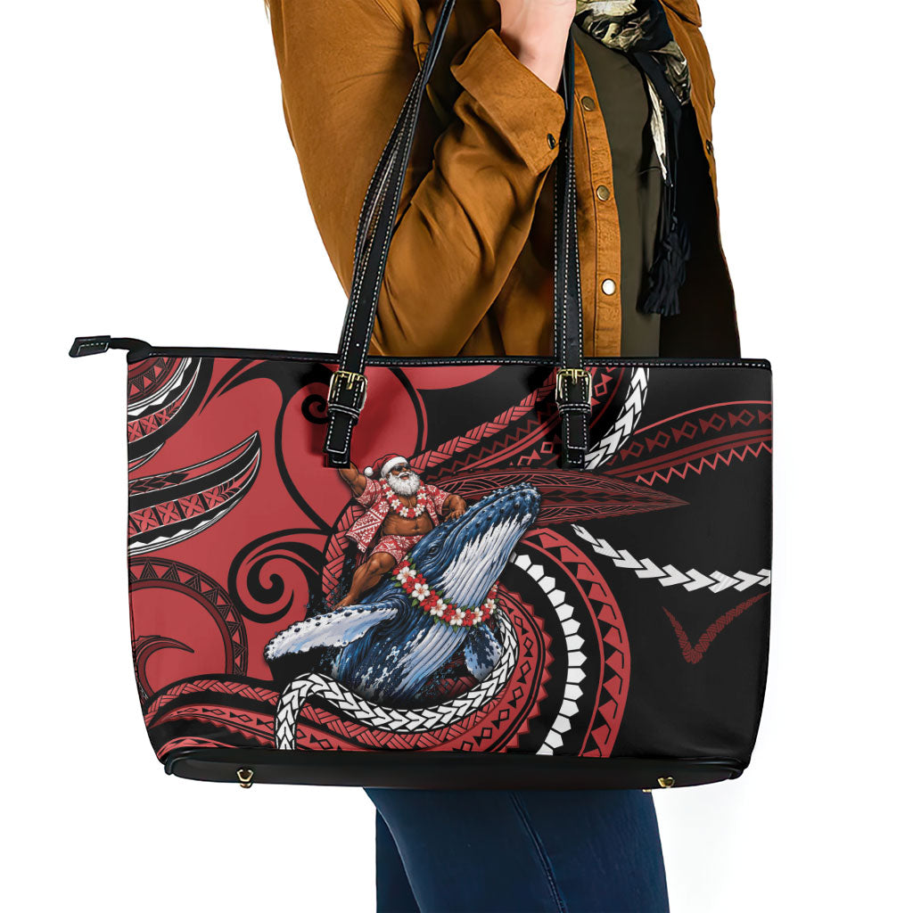 Tonga Christmas Leather Tote Bag Santa Riding Humpback Whale DT05 - Polynesian Pride