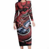 Tonga Christmas Long Sleeve Bodycon Dress Santa Riding Humpback Whale DT05 Long Dress Red - Polynesian Pride