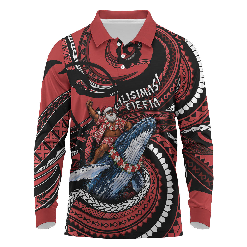 Tonga Christmas Long Sleeve Polo Shirt Santa Riding Humpback Whale DT05 Red - Polynesian Pride