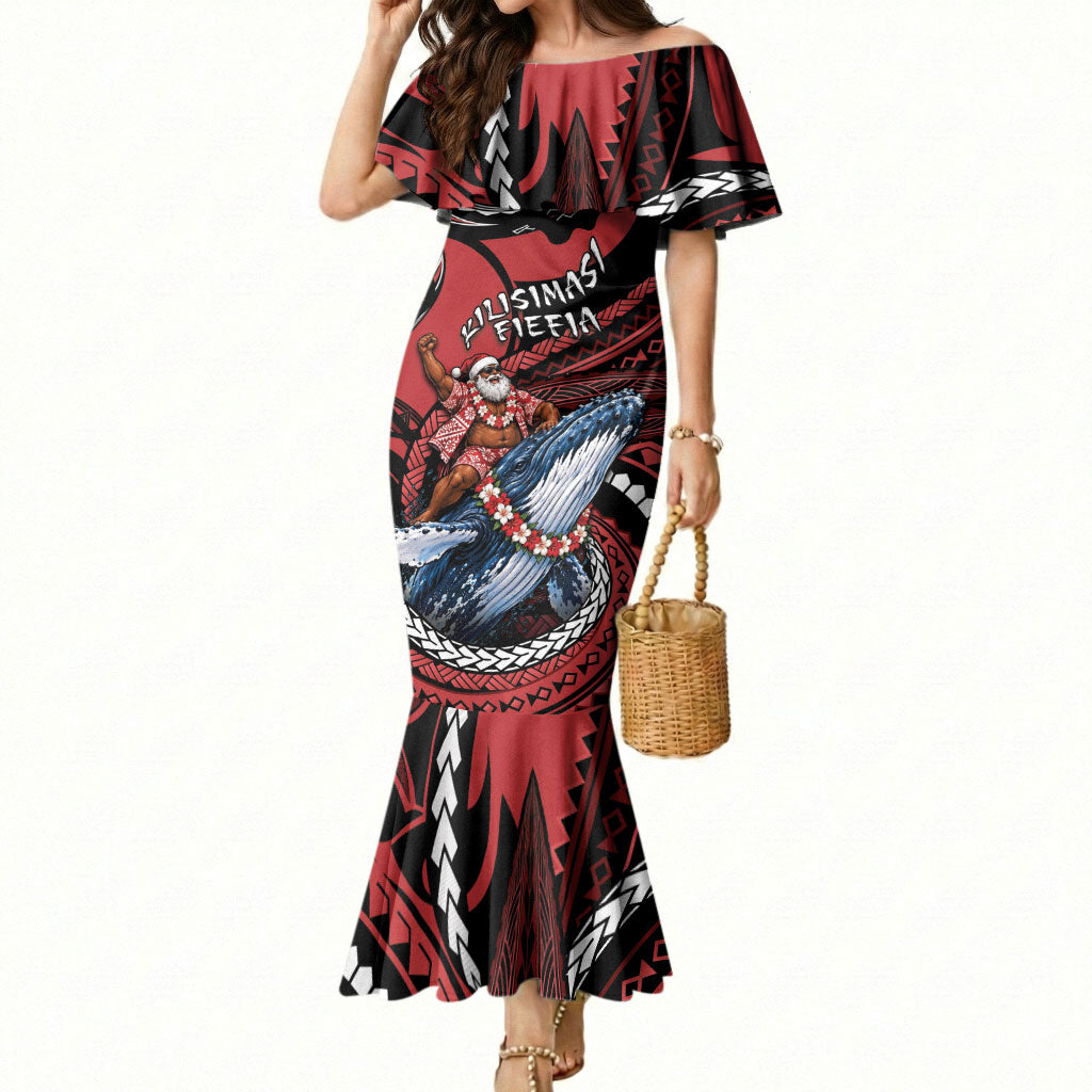 Tonga Christmas Mermaid Dress Santa Riding Humpback Whale DT05 Women Red - Polynesian Pride