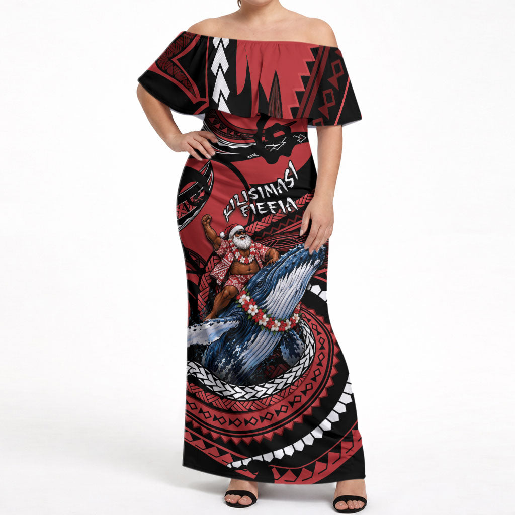 Tonga Christmas Off Shoulder Maxi Dress Santa Riding Humpback Whale DT05 Women Red - Polynesian Pride