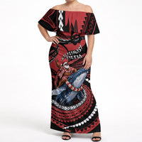 Tonga Christmas Off Shoulder Maxi Dress Santa Riding Humpback Whale DT05 Women Red - Polynesian Pride