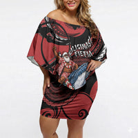 Tonga Christmas Off Shoulder Short Dress Santa Riding Humpback Whale DT05 Women Red - Polynesian Pride