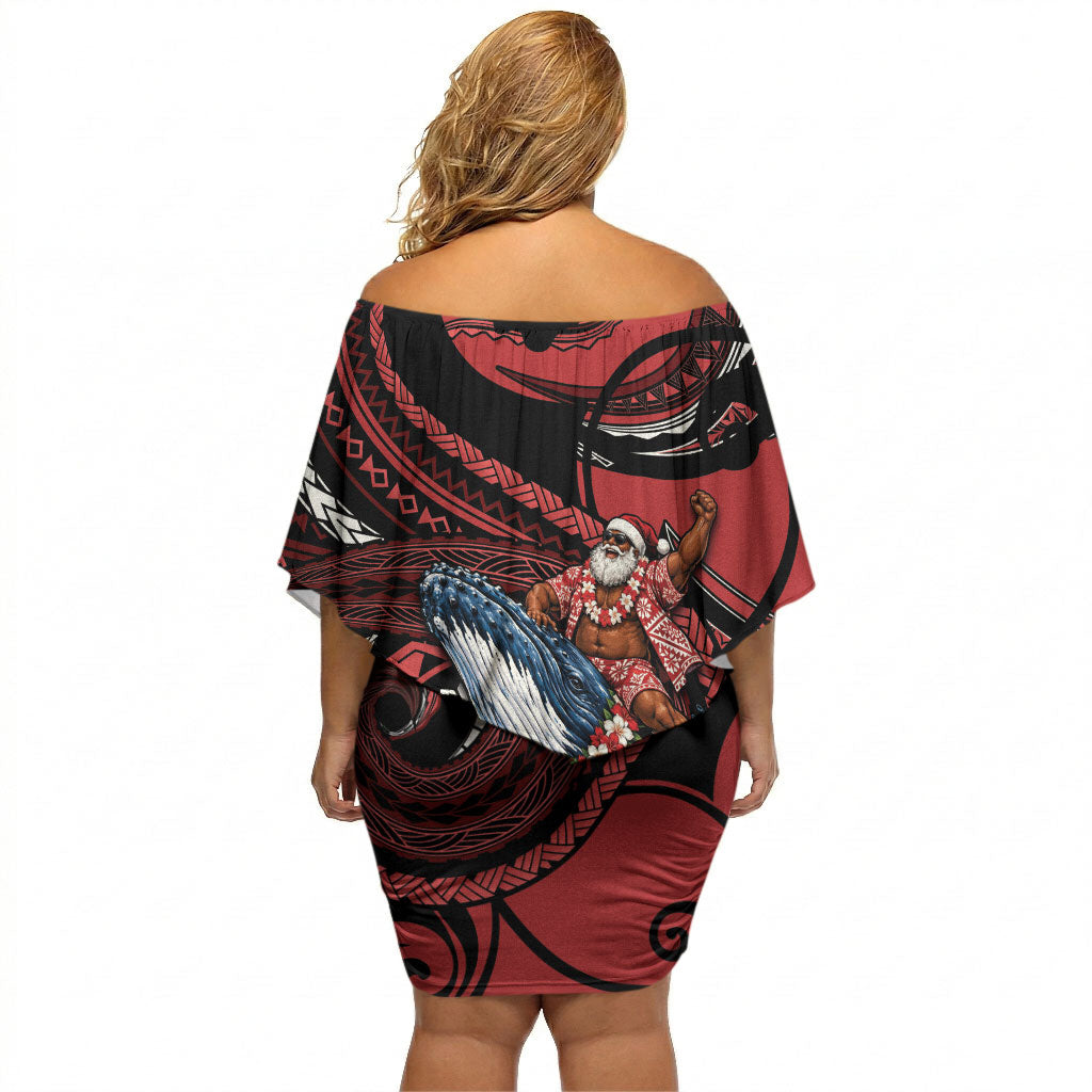 Tonga Christmas Off Shoulder Short Dress Santa Riding Humpback Whale DT05 - Polynesian Pride