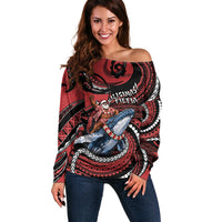 Tonga Christmas Off Shoulder Sweater Santa Riding Humpback Whale DT05 Women Red - Polynesian Pride