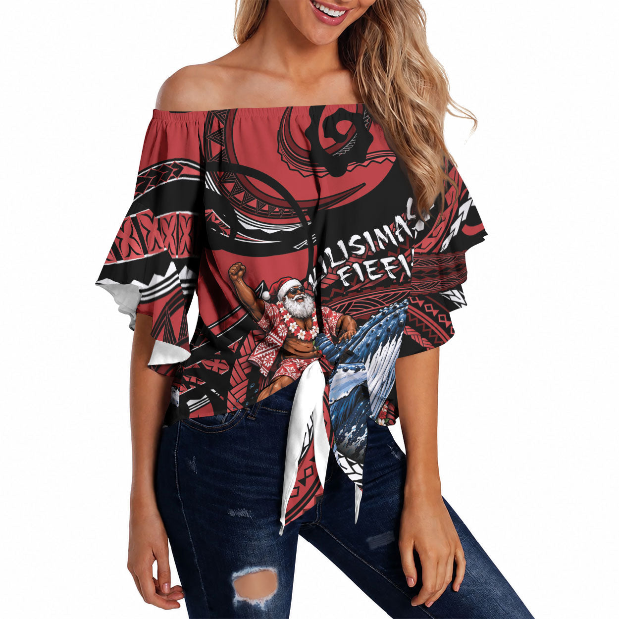 Tonga Christmas Off Shoulder Wrap Waist Top Santa Riding Humpback Whale DT05 Red - Polynesian Pride