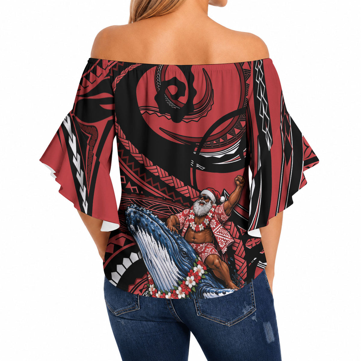 Tonga Christmas Off Shoulder Wrap Waist Top Santa Riding Humpback Whale DT05 - Polynesian Pride