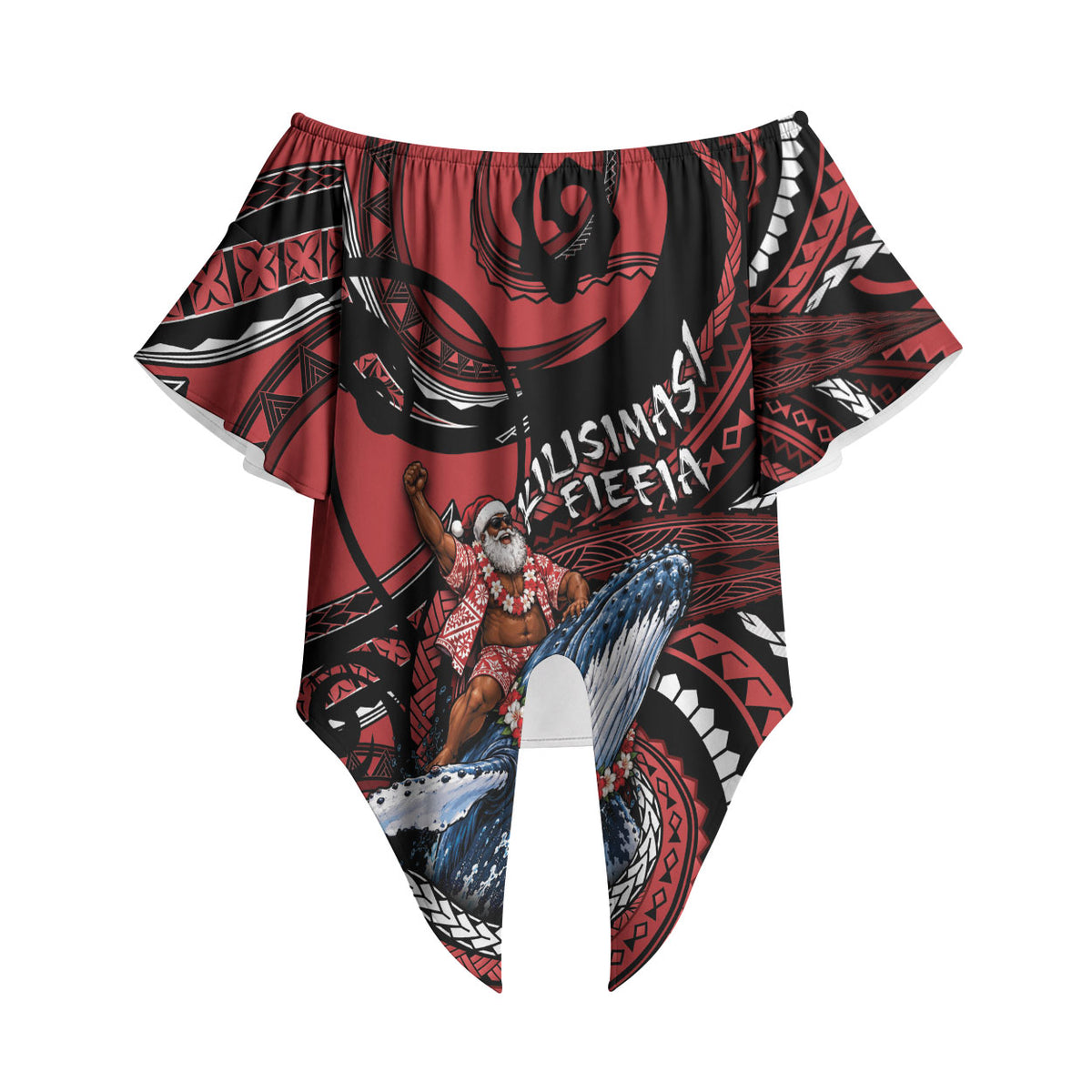 Tonga Christmas Off Shoulder Wrap Waist Top Santa Riding Humpback Whale DT05 - Polynesian Pride