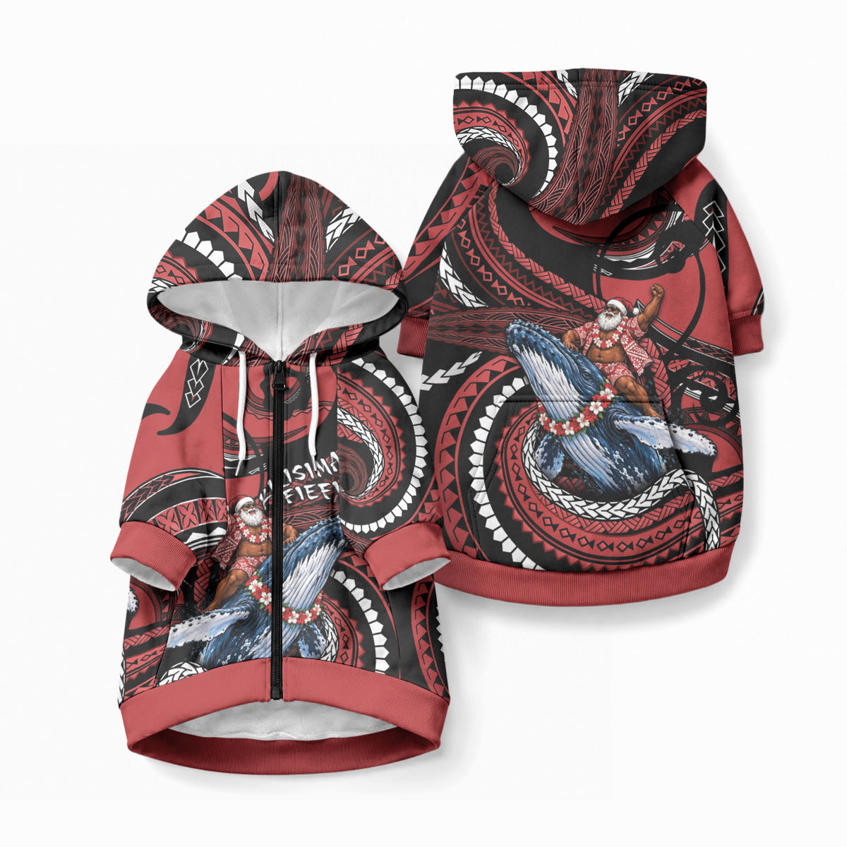 Tonga Christmas Pet Hoodie Santa Riding Humpback Whale DT05 Zip-up Red - Polynesian Pride