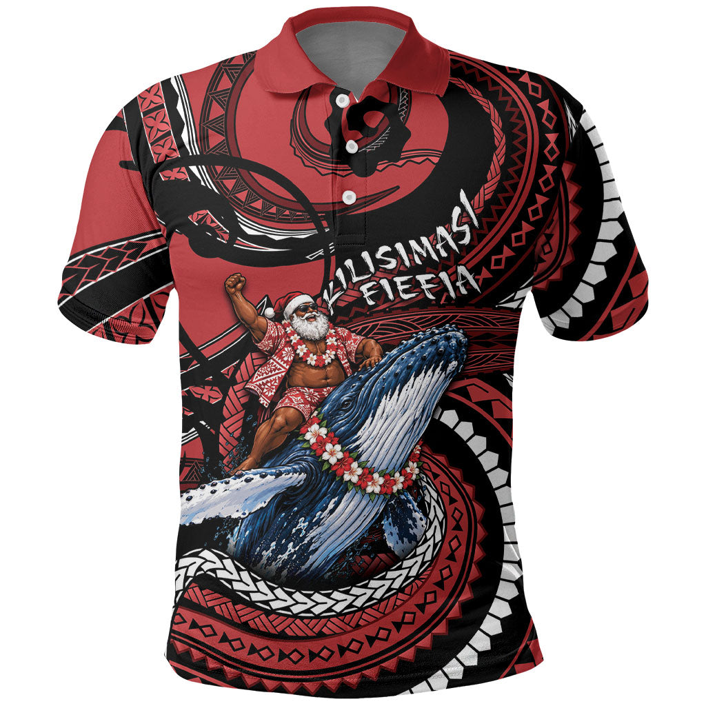 Tonga Christmas Polo Shirt Santa Riding Humpback Whale DT05 Red - Polynesian Pride