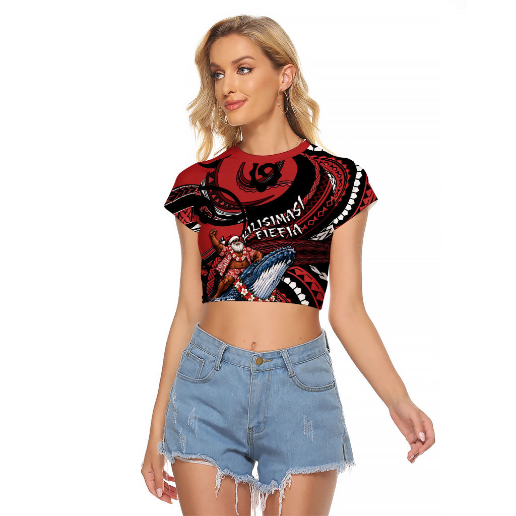 Tonga Christmas Raglan Cropped T Shirt Santa Riding Humpback Whale DT05 Female Red - Polynesian Pride
