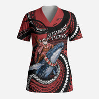 Tonga Christmas Scrub Top Santa Riding Humpback Whale DT05 Adult Red - Polynesian Pride
