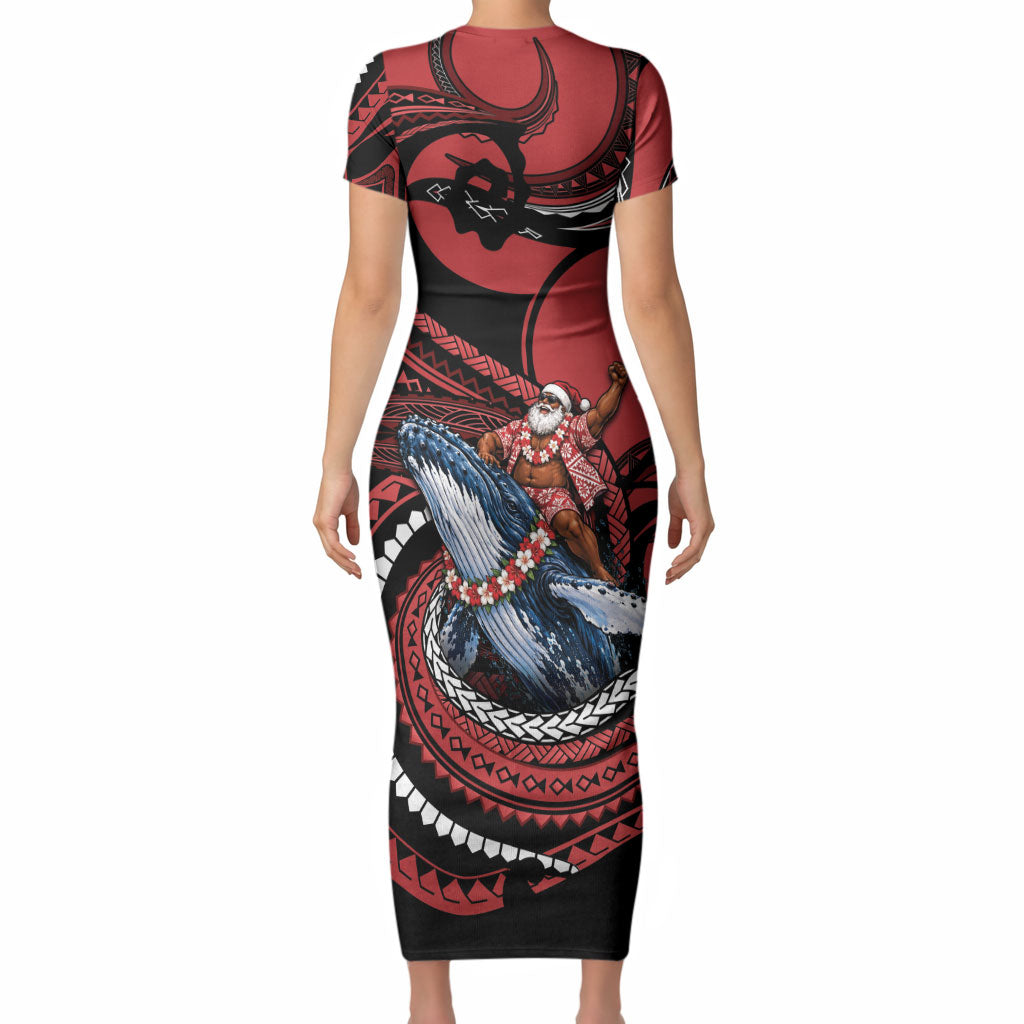 Tonga Christmas Short Sleeve Bodycon Dress Santa Riding Humpback Whale DT05 - Polynesian Pride