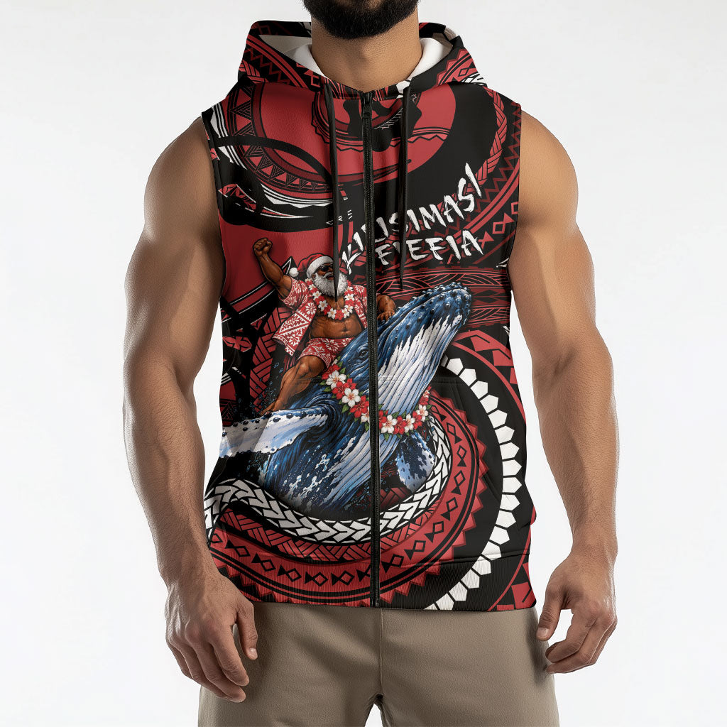 Tonga Christmas Sleeveless Zip Hoodie Santa Riding Humpback Whale DT05 - Polynesian Pride