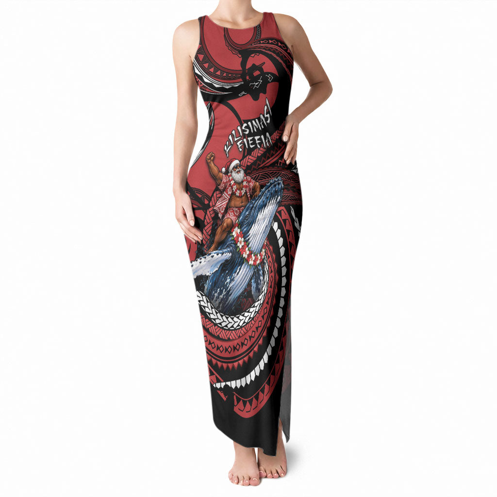 Tonga Christmas Tank Maxi Dress Santa Riding Humpback Whale DT05 Women Red - Polynesian Pride
