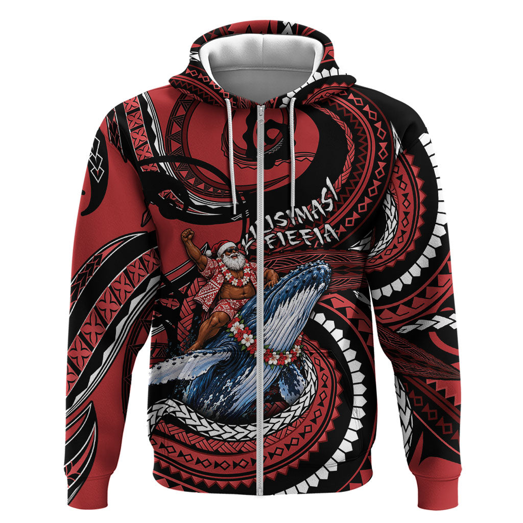 Tonga Christmas Zip Hoodie Santa Riding Humpback Whale DT05 Zip Hoodie Red - Polynesian Pride