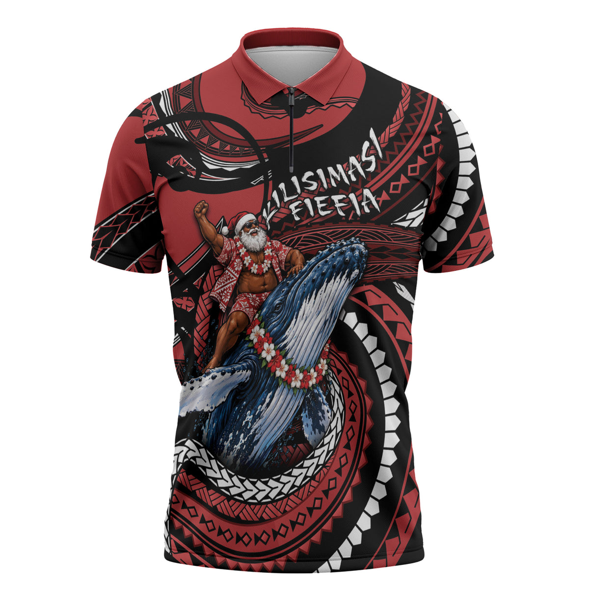 Tonga Christmas Zipper Polo Shirt Santa Riding Humpback Whale DT05 Red - Polynesian Pride