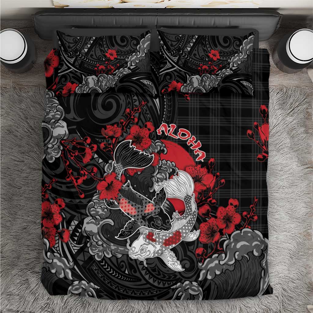Hawaiian And Japanese Bedding Set Aloha Koi Fish Palaka Patterns DT05 Black - Polynesian Pride