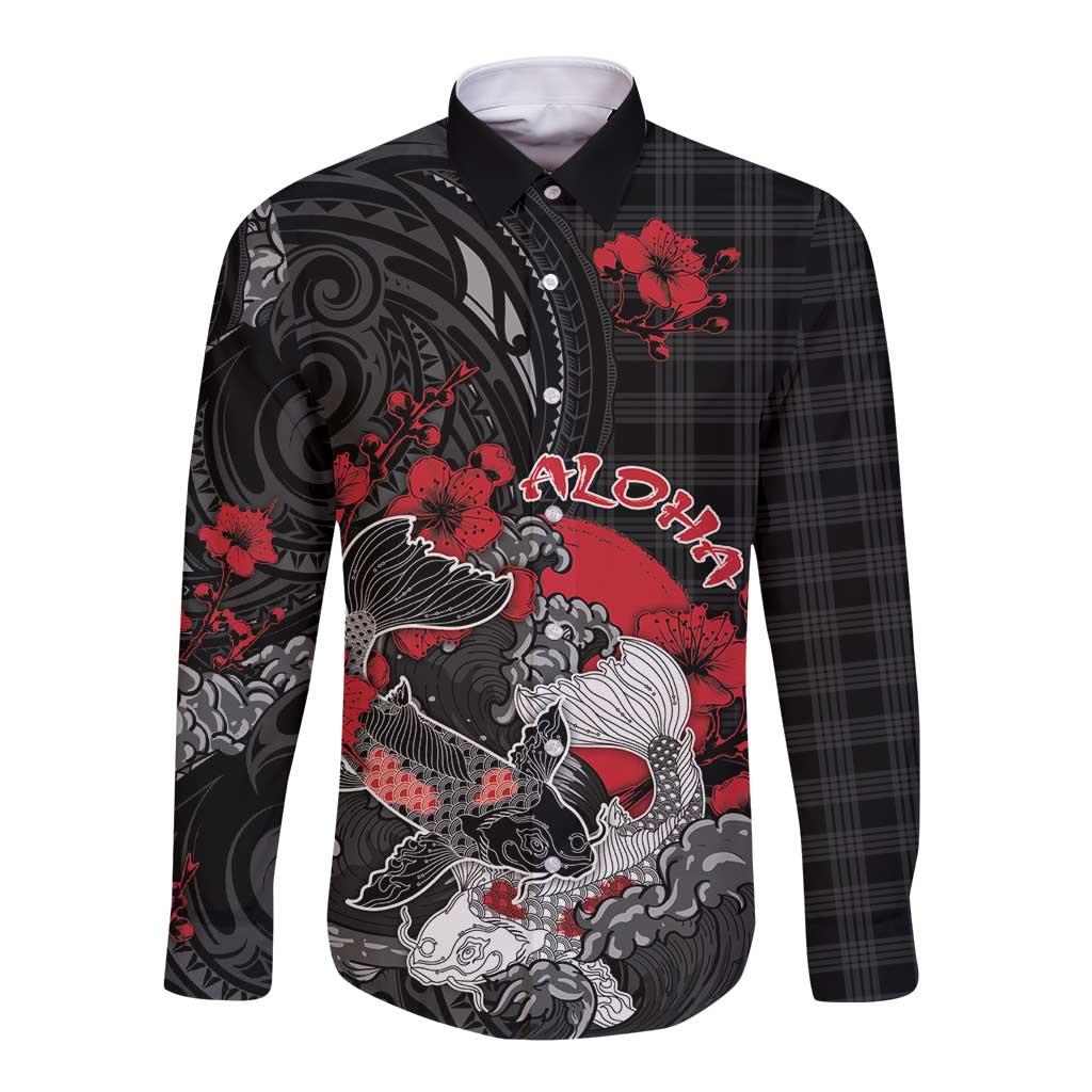 Personalised Hawaiian And Japanese Long Sleeve Button Shirt Aloha Koi Fish Palaka Patterns DT05 Unisex Black - Polynesian Pride