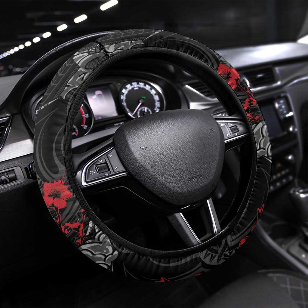 Hawaiian And Japanese Steering Wheel Cover Aloha Koi Fish Palaka Patterns DT05 Universal Fit Black - Polynesian Pride
