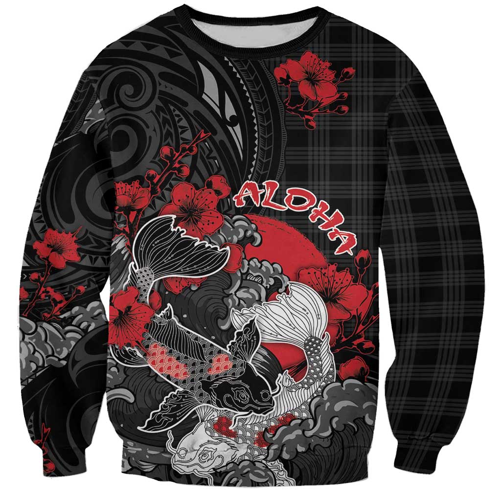 Personalised Hawaiian And Japanese Sweatshirt Aloha Koi Fish Palaka Patterns DT05 Unisex Black - Polynesian Pride