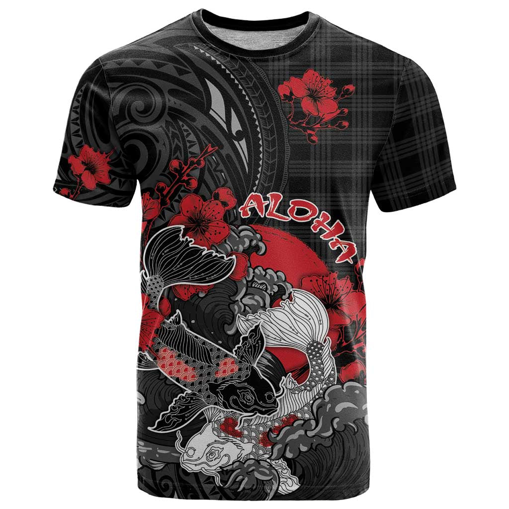 Personalised Hawaiian And Japanese T Shirt Aloha Koi Fish Palaka Patterns DT05 Black - Polynesian Pride
