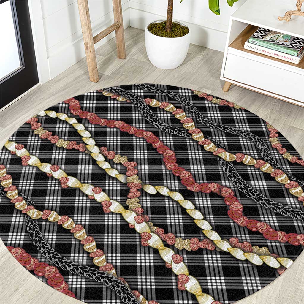 Hawaii Palaka Niihau Shell Lei Round Carpet Tropical Island Plaid Patterns DT05 Black - Polynesian Pride