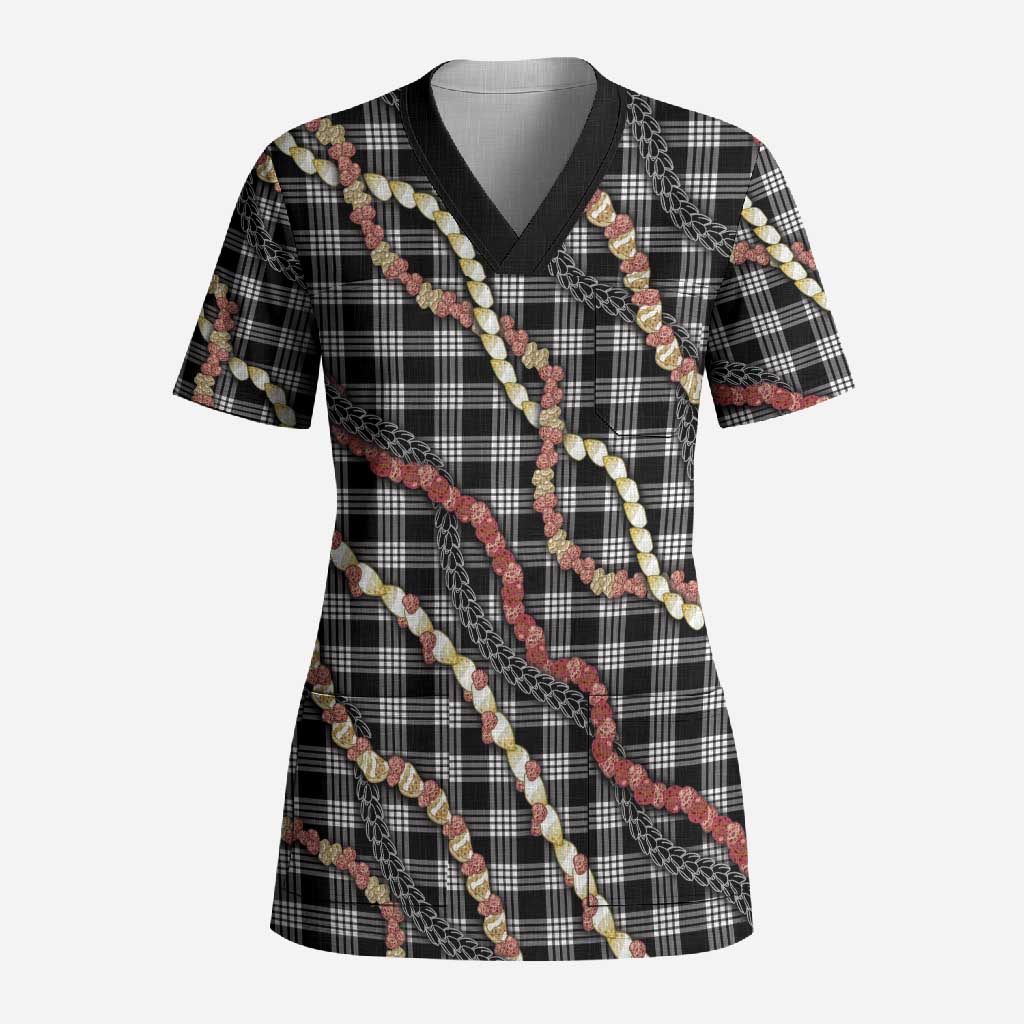 Hawaii Palaka Niihau Shell Lei Scrub Top Tropical Island Plaid Patterns DT05 Adult Black - Polynesian Pride
