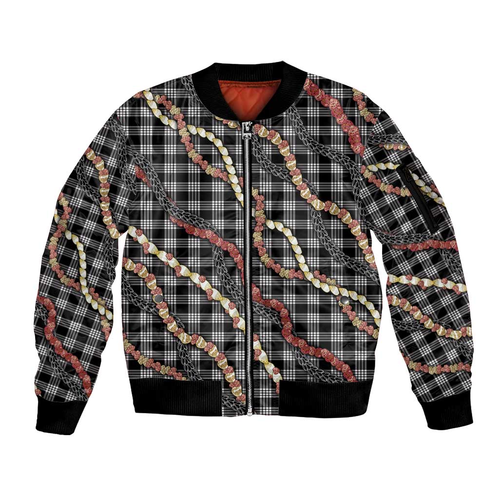 Hawaii Palaka Niihau Shell Lei Sleeve Zip Bomber Jacket Tropical Island Plaid Patterns DT05 Unisex Black - Polynesian Pride
