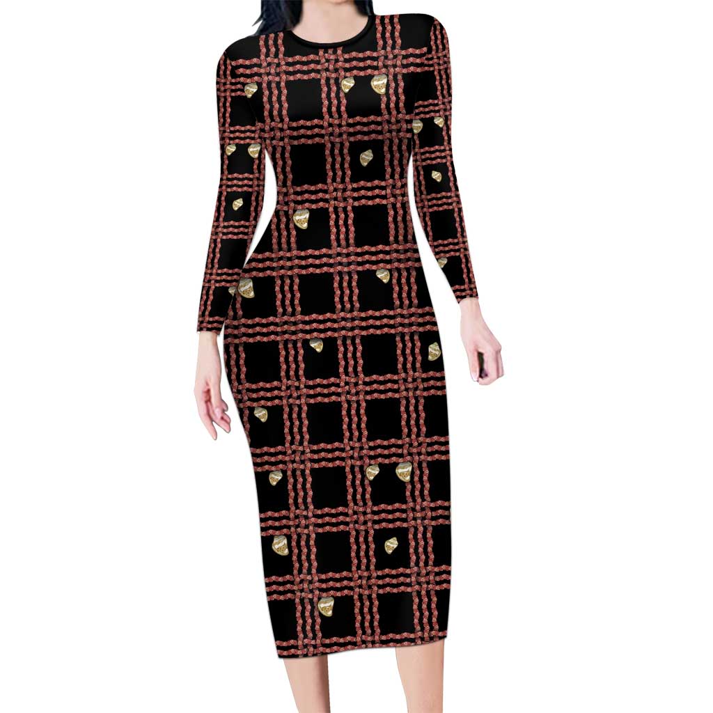 Hawaii Palaka Kahelelani Shell Lei Costume Long Sleeve Bodycon Dress Plaid Patterns DT05 Long Dress Black - Polynesian Pride