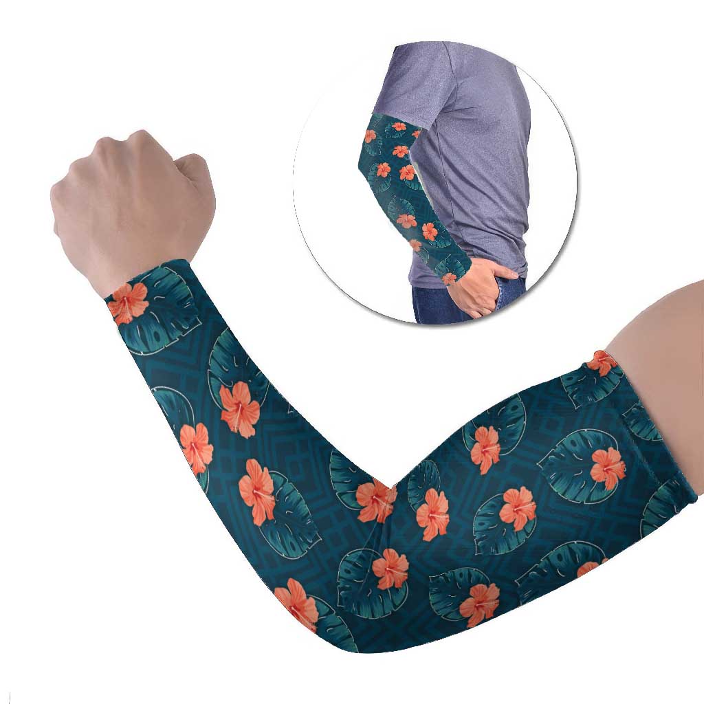 Hawaii Monstera Arm Sleeves Hibiscus Flowers Simple Style DT05 Set of 2 Dark Teal - Polynesian Pride
