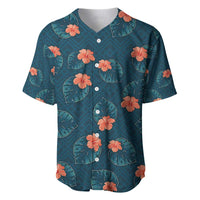 Hawaii Monstera Baseball Jersey Hibiscus Flowers Simple Style DT05 Dark Teal - Polynesian Pride