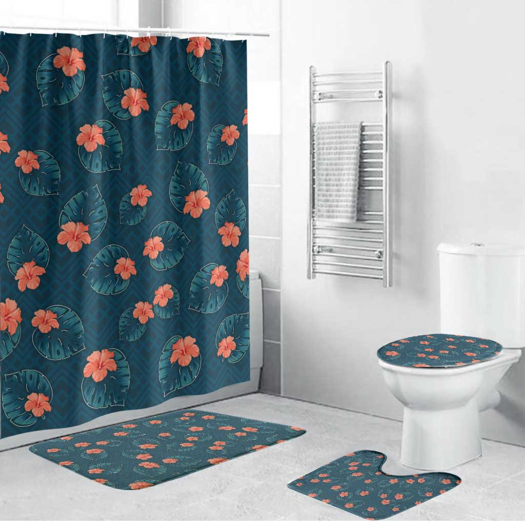 Hawaii Monstera Bathroom Set Hibiscus Flowers Simple Style DT05 Bathroom Set (4 pcs) Dark Teal - Polynesian Pride