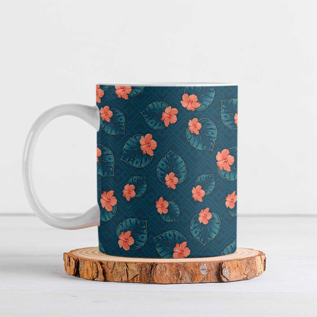 Hawaii Monstera Ceramic Mug Hibiscus Flowers Simple Style DT05 Dark Teal - Polynesian Pride