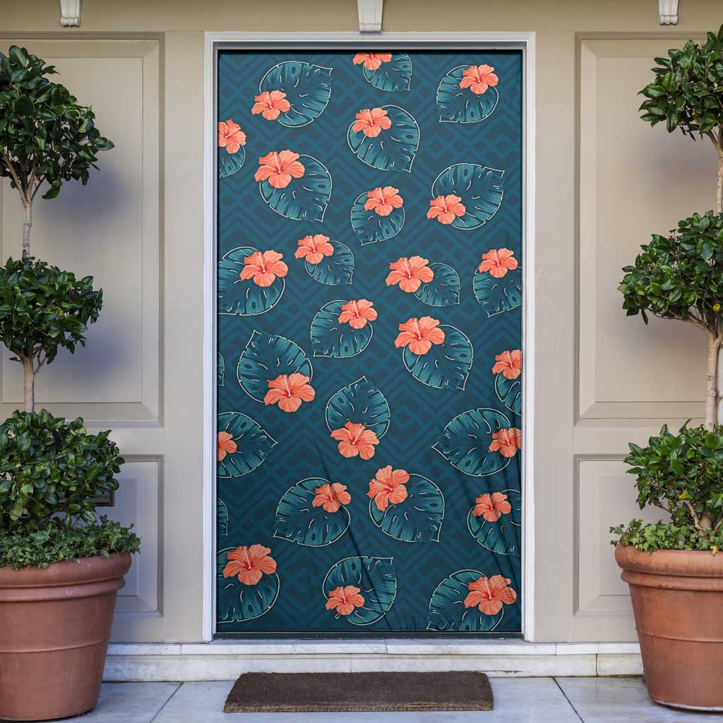 Hawaii Monstera Door Cover Hibiscus Flowers Simple Style DT05 Dark Teal - Polynesian Pride