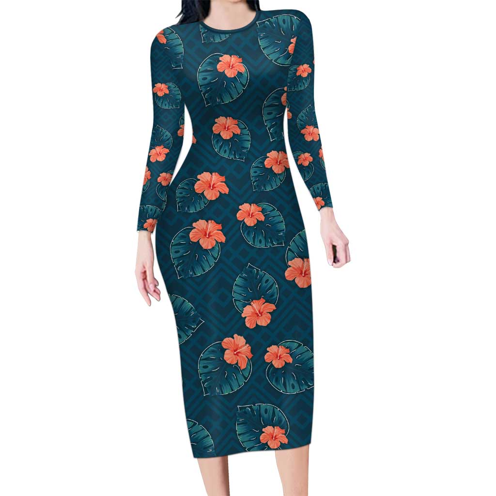 Hawaii Monstera Long Sleeve Bodycon Dress Hibiscus Flowers Simple Style DT05 Long Dress Dark Teal - Polynesian Pride