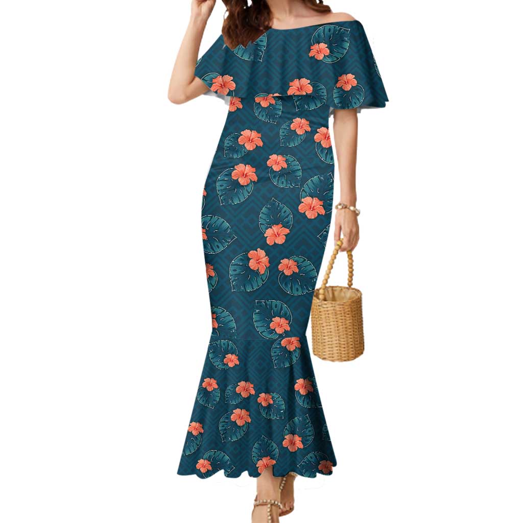 Hawaii Monstera Mermaid Dress Hibiscus Flowers Simple Style DT05 Women Dark Teal - Polynesian Pride