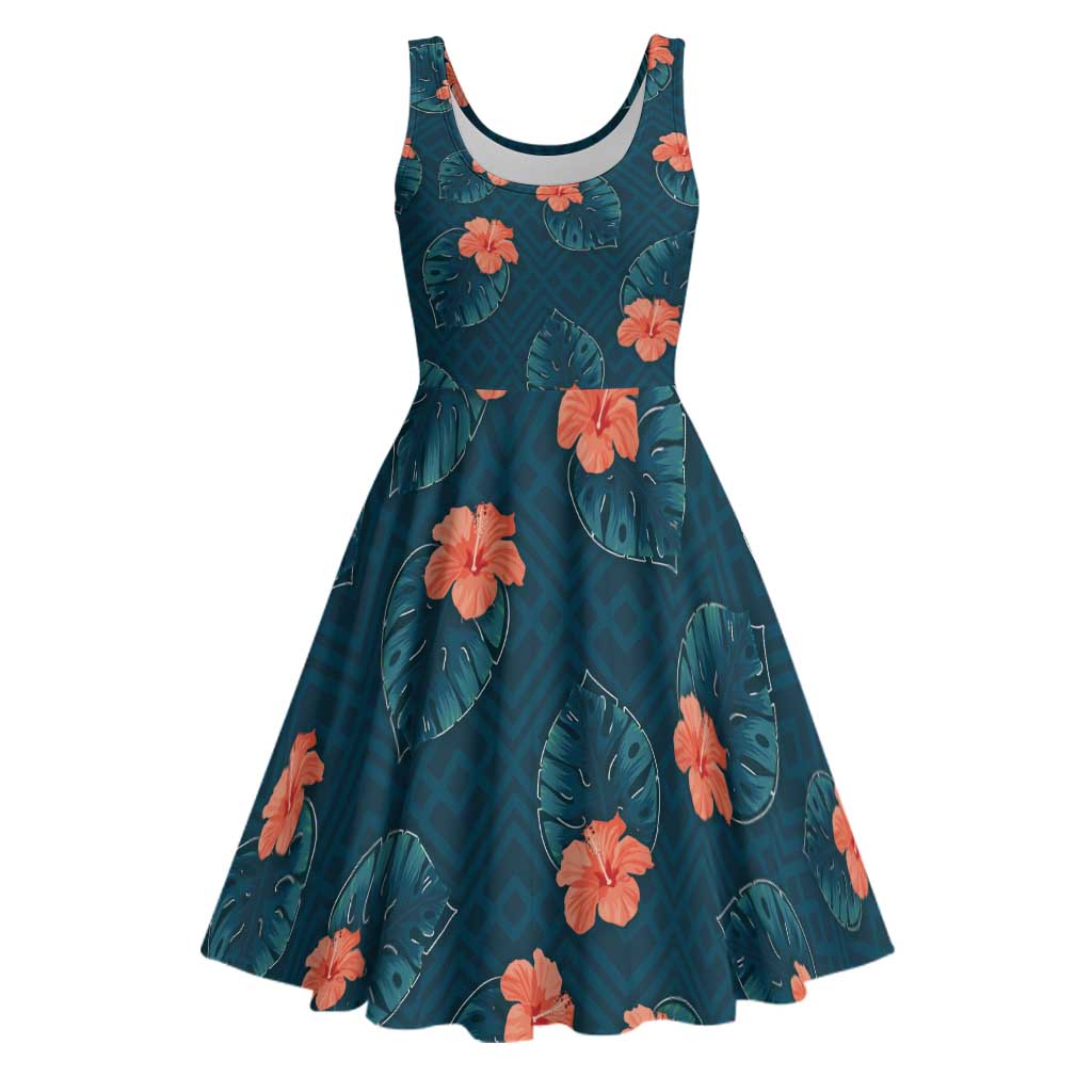 Hawaii Monstera Midi Dress Hibiscus Flowers Simple Style DT05 Dark Teal - Polynesian Pride