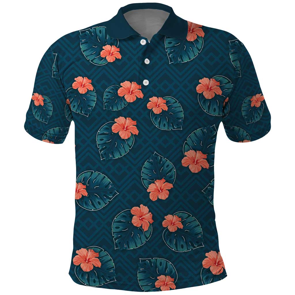 Hawaii Monstera Polo Shirt Hibiscus Flowers Simple Style DT05 Dark Teal - Polynesian Pride