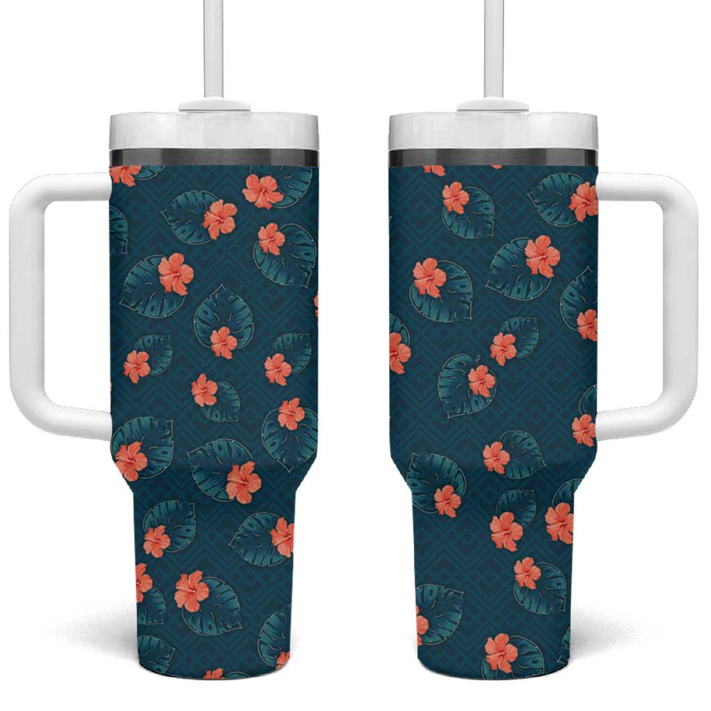 Hawaii Monstera Tumbler With Handle Hibiscus Flowers Simple Style DT05 One Size: 40 oz Dark Teal - Polynesian Pride