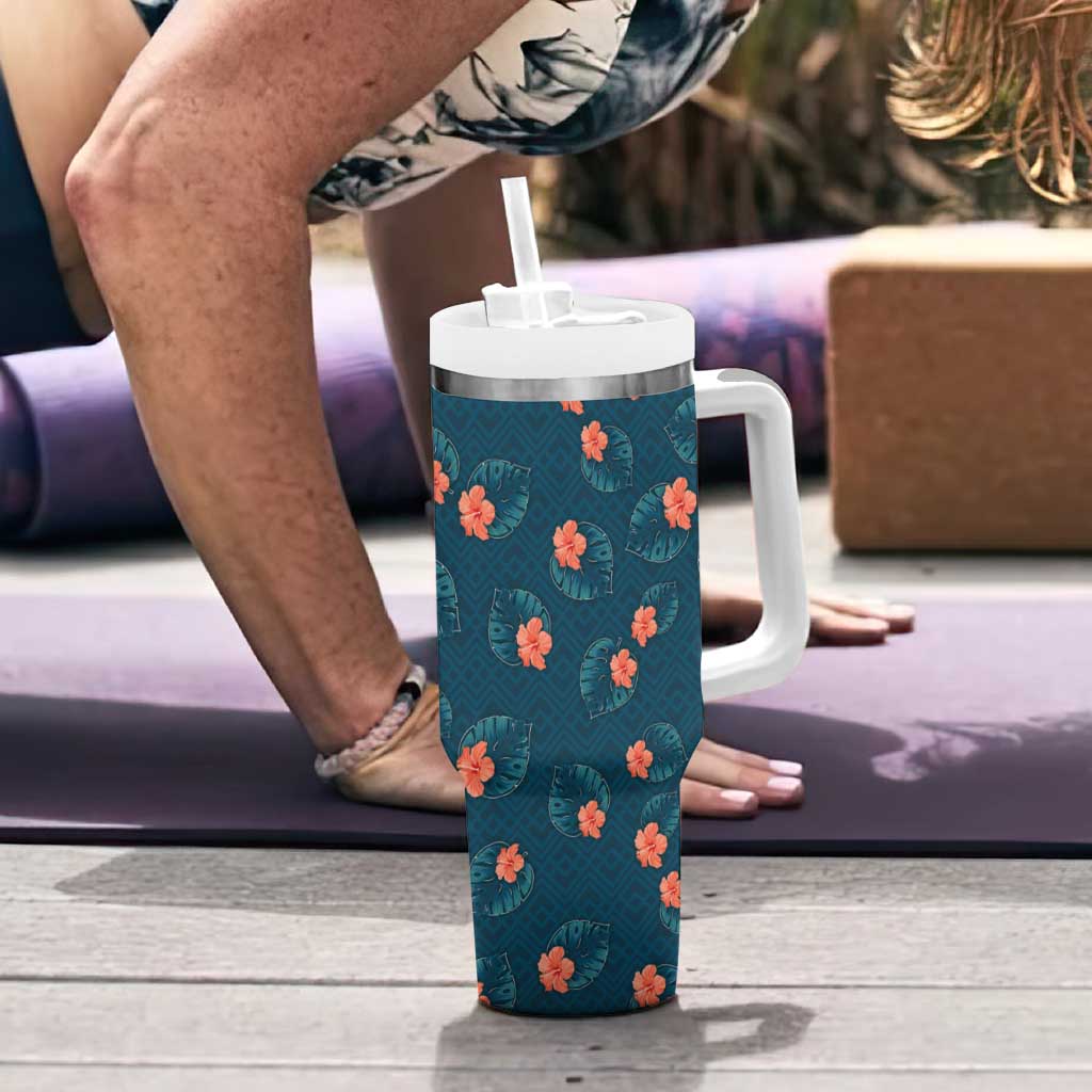 Hawaii Monstera Tumbler With Handle Hibiscus Flowers Simple Style DT05 - Polynesian Pride