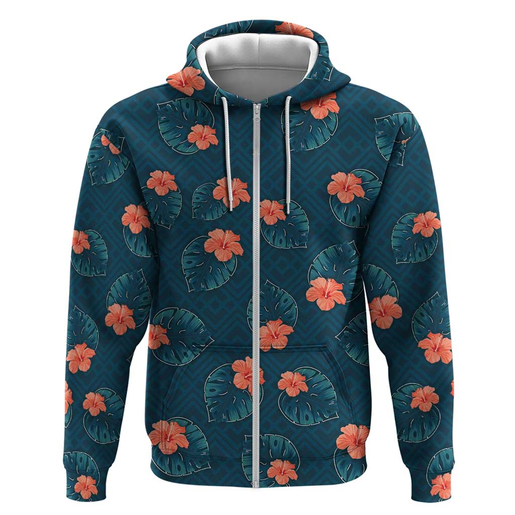 Hawaii Monstera Zip Hoodie Hibiscus Flowers Simple Style DT05 Zip Hoodie Dark Teal - Polynesian Pride