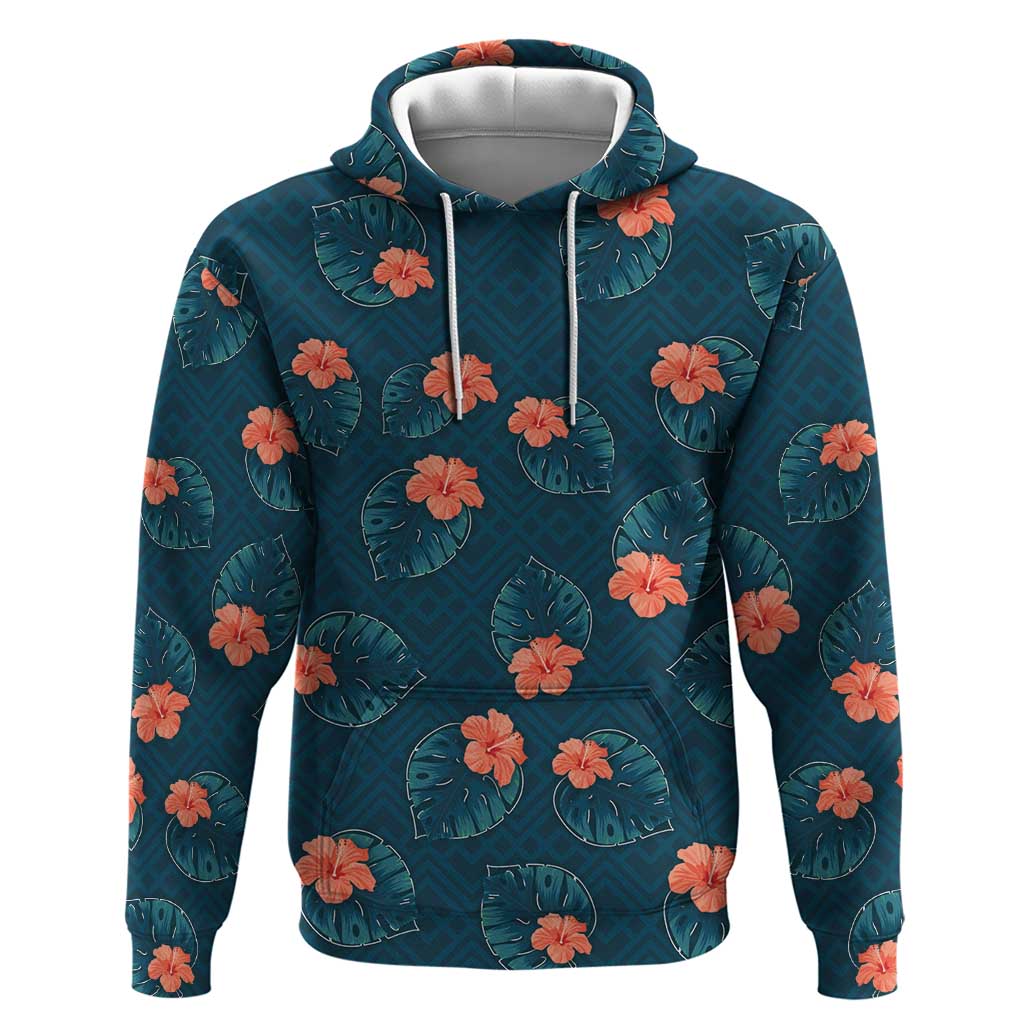 Hawaii Monstera Zip Hoodie Hibiscus Flowers Simple Style DT05 Pullover Hoodie Dark Teal - Polynesian Pride