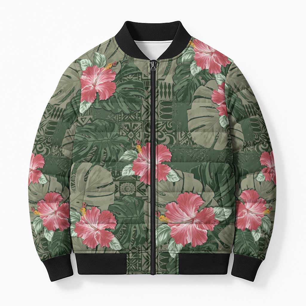 Hawaii Bomber Puffer Jacket Green Polynesian Monstera Patterns DT05 Unisex Green - Polynesian Pride