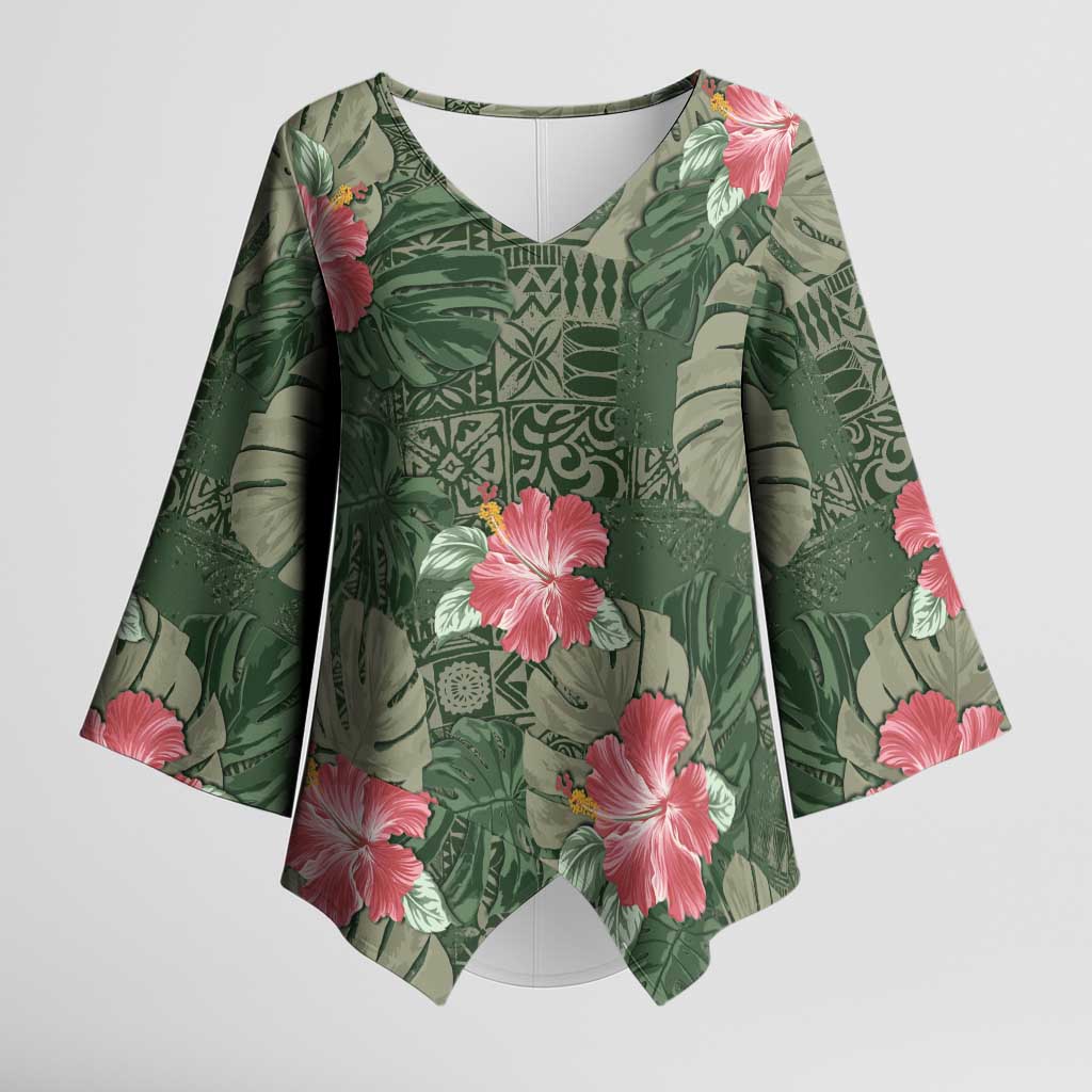 Hawaii Kimono Sleeve Blouse Green Polynesian Monstera Patterns DT05 Female Green - Polynesian Pride