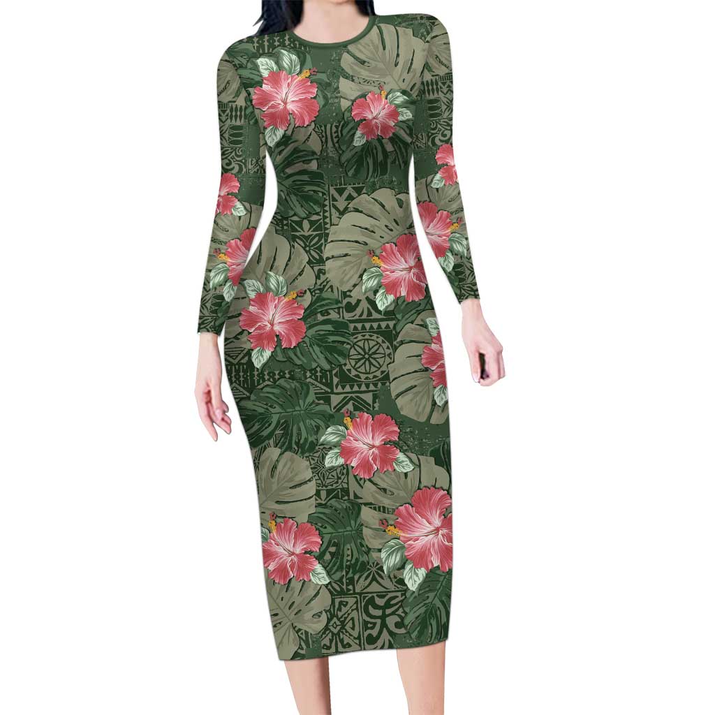 Hawaii Long Sleeve Bodycon Dress Green Polynesian Monstera Patterns DT05 Long Dress Green - Polynesian Pride