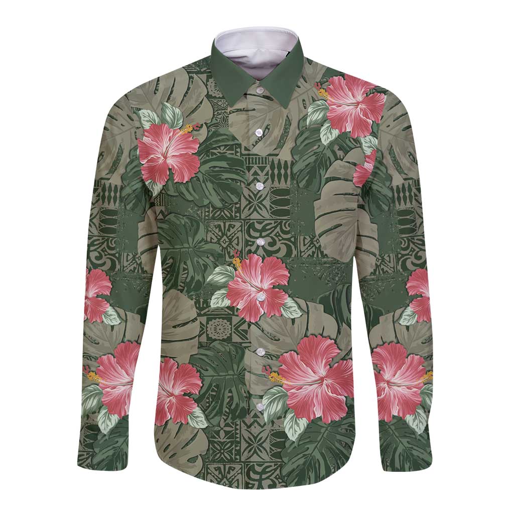 Hawaii Long Sleeve Button Shirt Green Polynesian Monstera Patterns DT05 Unisex Green - Polynesian Pride